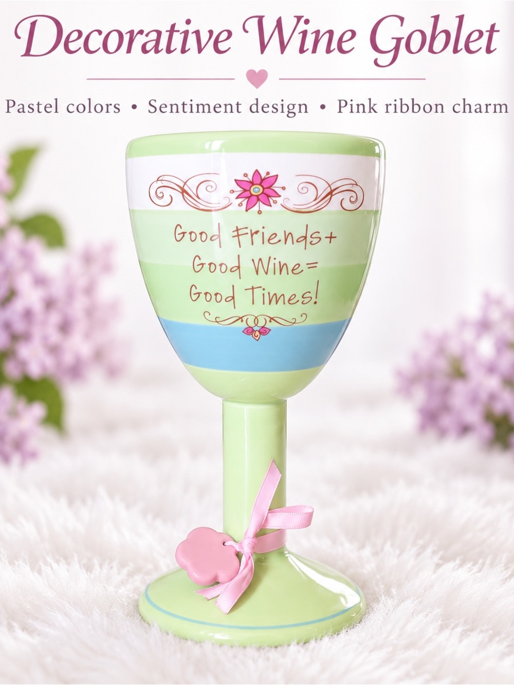 Decorative Pastel Wine Goblet with Pink Ribbon Charm
